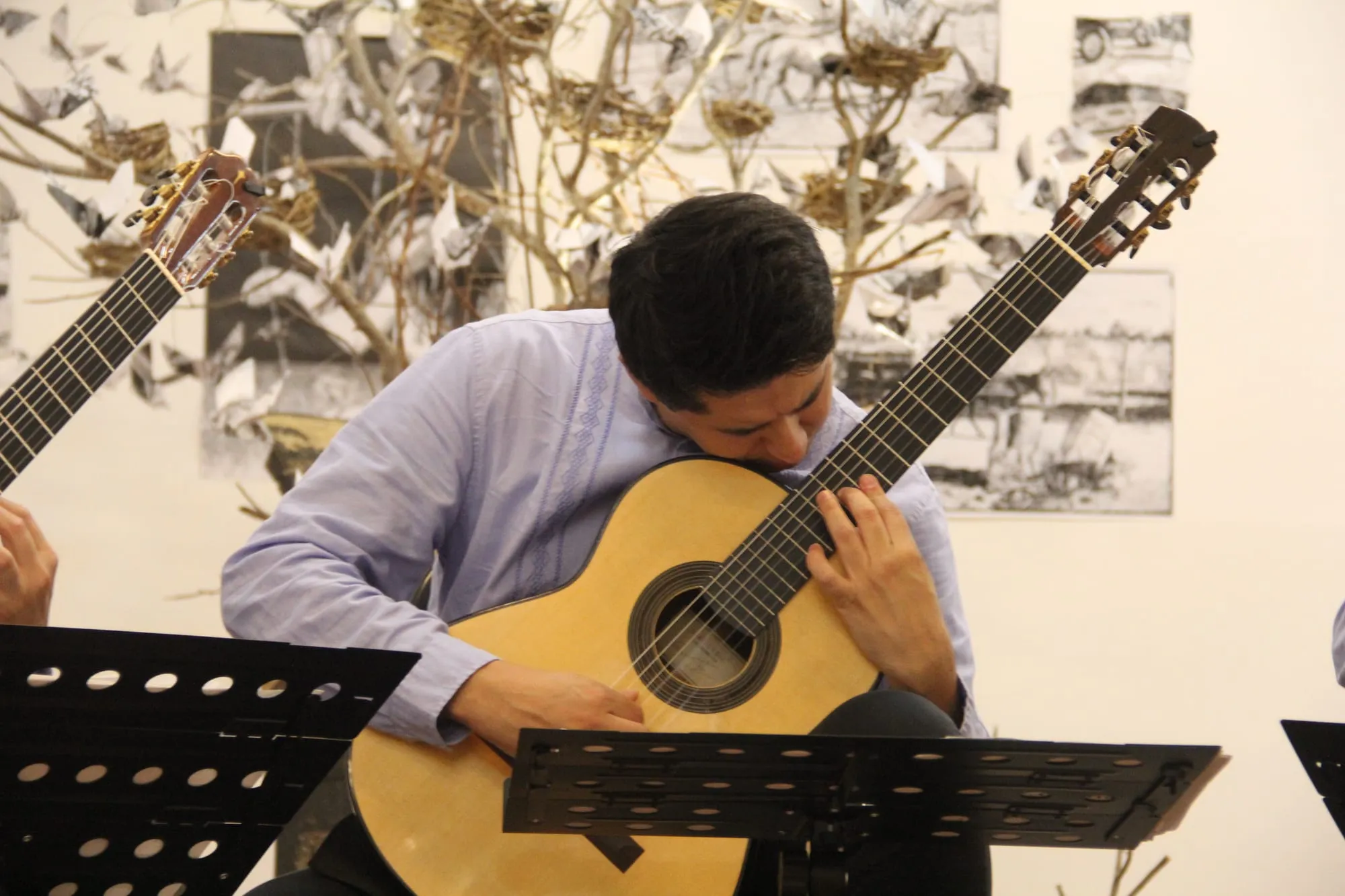 Guitarrista del Cuarteto de México inclinado sobre su instrumento mientras toca.